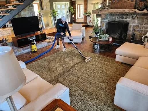Technician cleaning a large area rug in a furnished living room